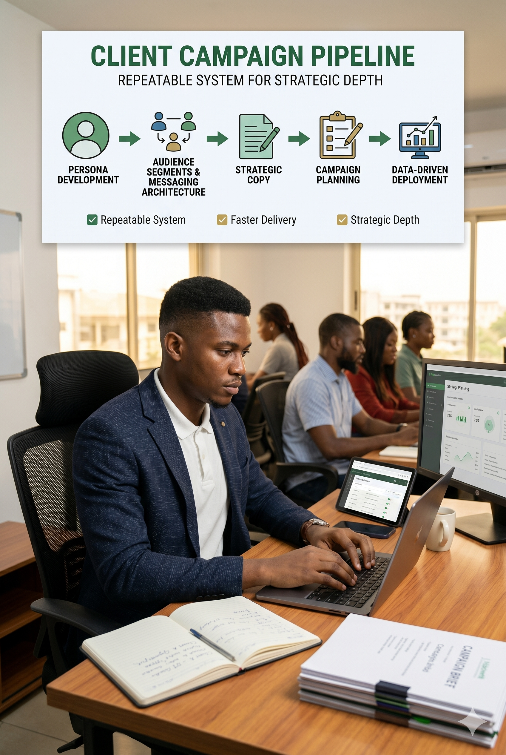 A confident Black male entrepreneur working in a modern space