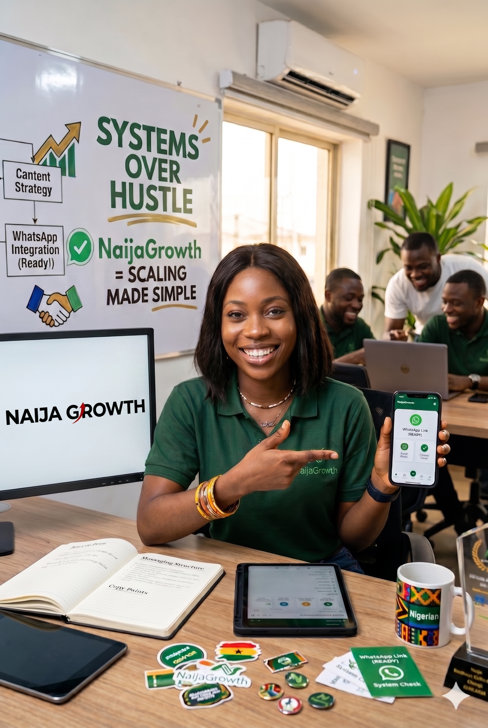 A woman in a green NaijaGrowth polo shirt...